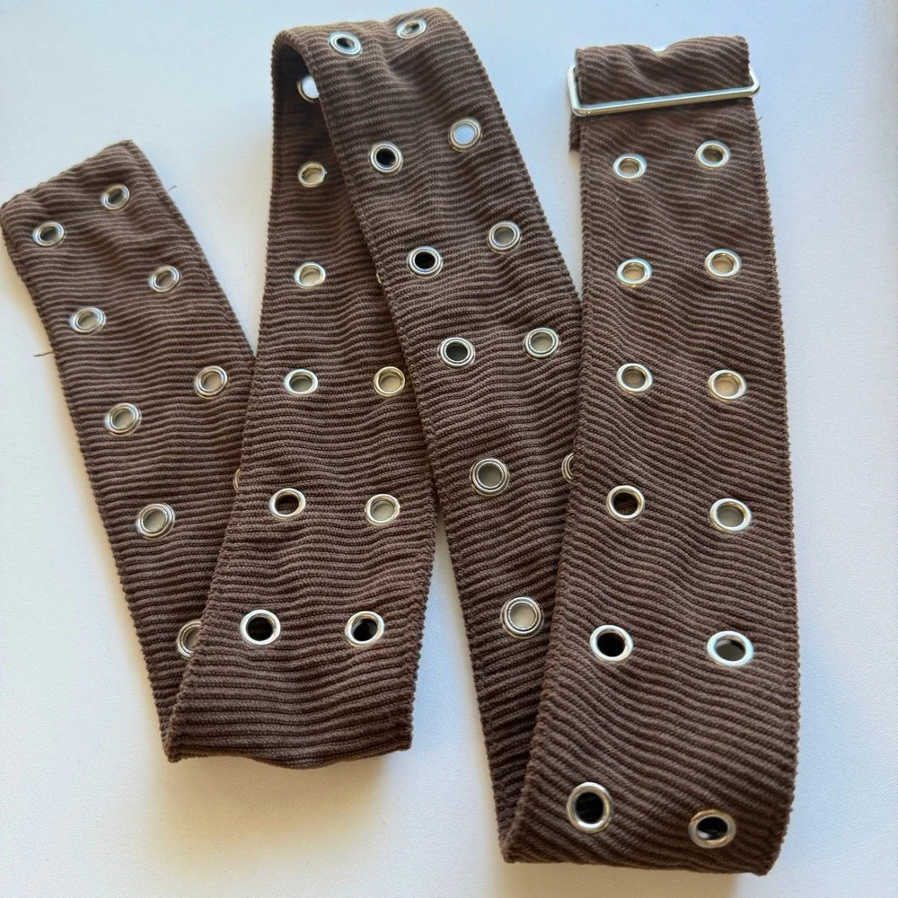 Brown Corduroy Triple Grommet Wide Belt Silver Eyelet Utility Punk Style